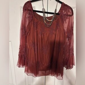 NWOT Bohemian off shoulder burgundy Lacey boutique blouse